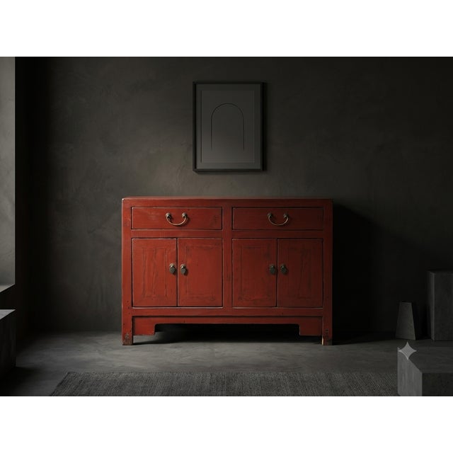 Brick Red Distressed Brick Red Drawers Doors Sideboard Credenza Console Table For Sale - Image 8 of 18