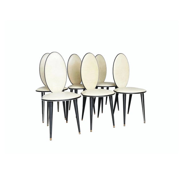 These stunning and highly-unusual dining chairs were designed by Umberto Mascagni of Bologna, Italy, 1952. I. Barget,...
