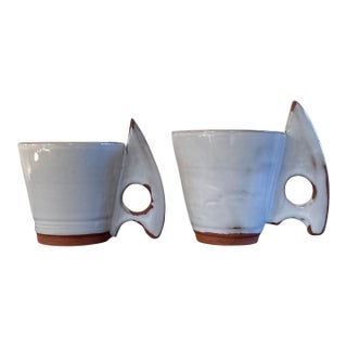 Pair of Studio Pottery Thumbhole Espresso Cups in White Glaze For Sale