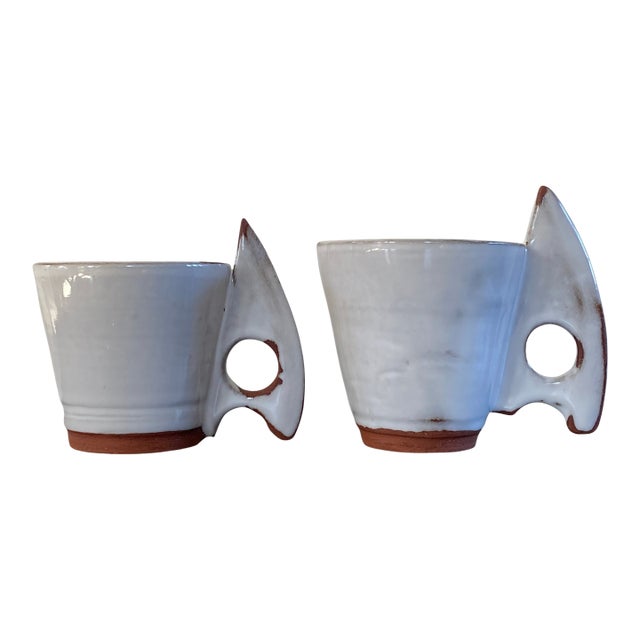 Pair of Studio Pottery Thumbhole Espresso Cups in White Glaze For Sale