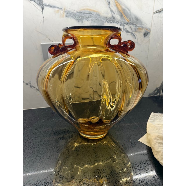 1960s Vintage Amber Hand Blown Glass Vase With Stand For Sale - Image 5 of 8
