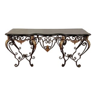 Late 20th Century Monumental French Style Wrought Iron Console With Marble Tessellated Top For Sale