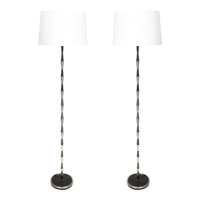 1960s Pair of MidCentury Geometric Polished Nickel & Gunmetal Floor Lamps by Gio Ponti For Sale