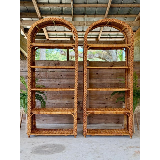 Pair of Vintage Organic Modern Rattan Etagere Shelves With Braided Arch Detail For Sale - Image 11 of 12