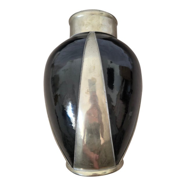Vintage Clay - Black Fired - Metal Banded Vase. France. Nice Vase For Sale