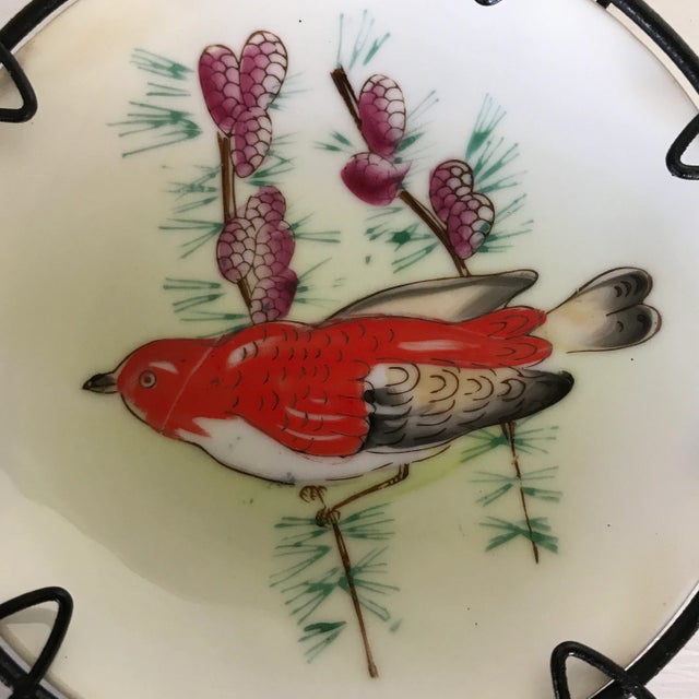 Hand Painted Birds on Porcelain Plates in Floral Pattern Wire Frame - Set of 3 For Sale In Sacramento - Image 6 of 13