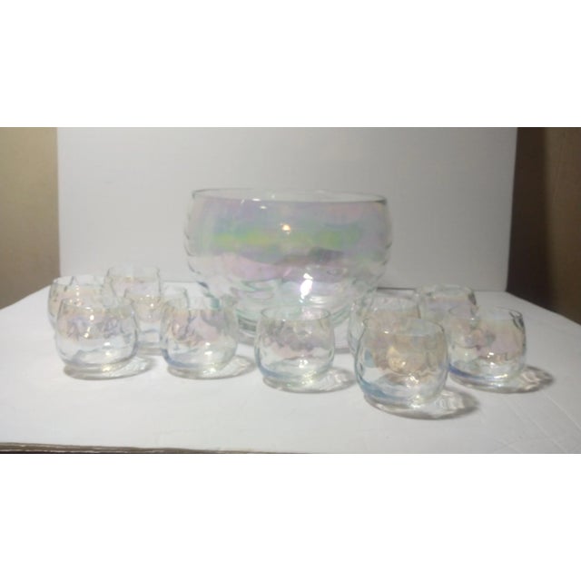 Art Nouveau 1960s Iridescent Punch Bowl & 10 Cups For Sale - Image 3 of 9