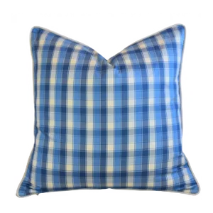 Fabricut Fabrics Blue & White Check Plaid Silk Feather/Down Pillow 22" Square