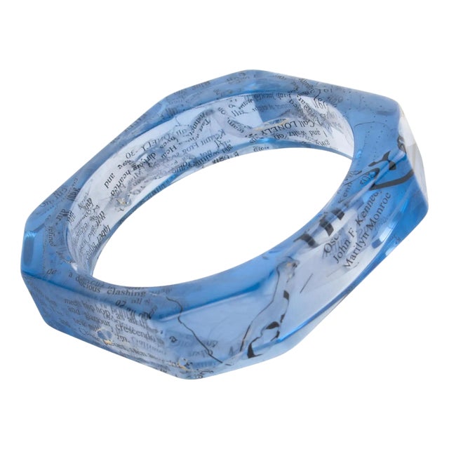 John Galliano Blue Acrylic Resin Bracelet Bangle with Newspaper Inclusions For Sale