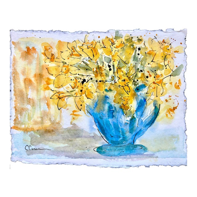 Original Watercolor Painting of “Daffodils in a Blue Vase” on Handmade Cotton Paper For Sale