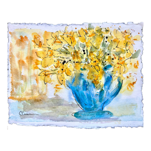 Original Watercolor Painting of “Daffodils in a Blue Vase” on Handmade Cotton Paper