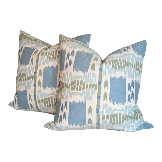 Cowtan & Tout Sarafan Warp Print in Delft - Pair of Double Sided For Sale