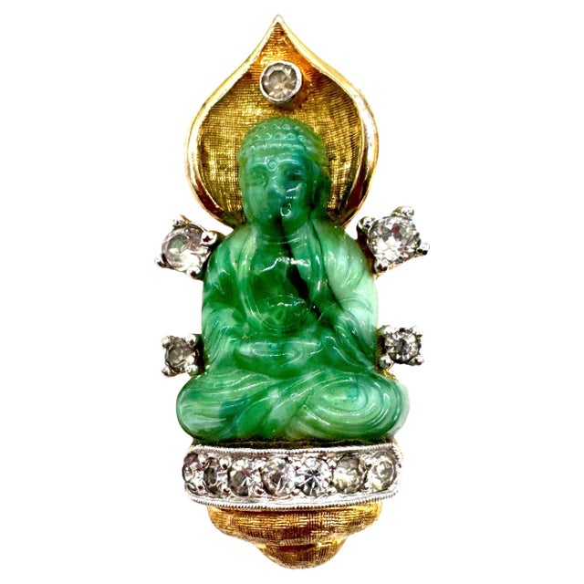 Faux Jade Buddha Pin With Rhinestones, Style of Cartier Travel Jewelry, 1950s For Sale - Image 18 of 18
