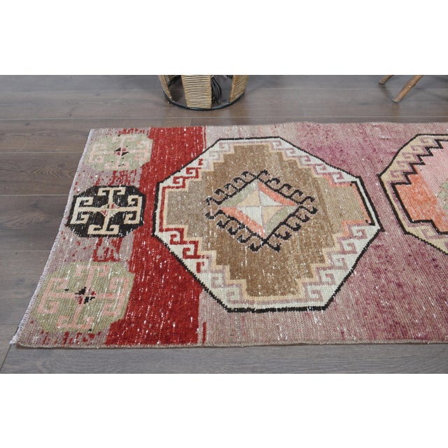 Colorful Pink Brown Red Runner Rug Vintage Turkish Oushak Wool Handmade Runner For Sale - Image 4 of 11