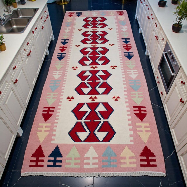 Mid-Century Modern Vintage Turkish Hand Woven Kilim Rug. Flat Weave Hallway Rug Kitchen Decor - 3′3″ × 9′6″ For Sale - Image 3 of 16