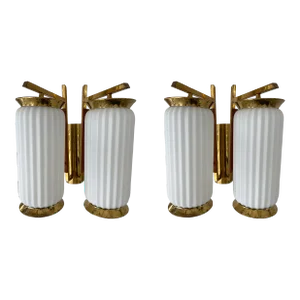 1950s Mid-Century Modern Brass and Opaline Glass Barrel Sconces, Italy - a Pair
