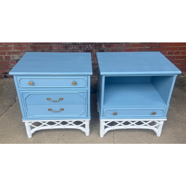 Elevate your bedroom decor with this charming pair of vintage Palm Beach Regency Ficks Reed attributed nightstands ( No...