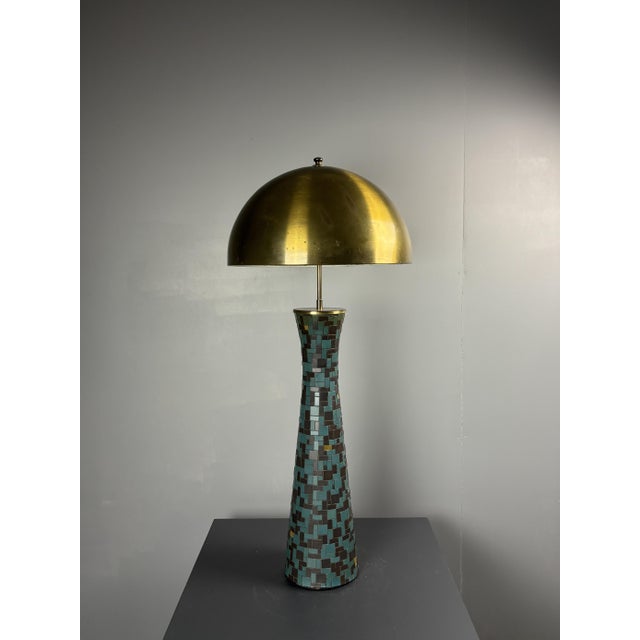 Mid-Century Modern Mosaic and Brass Table Lamp with Gold Mushroom Metal Dome Shade, 1960s For Sale - Image 14 of 18