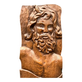 Vintage Boho Carved Wood Panel of Man For Sale