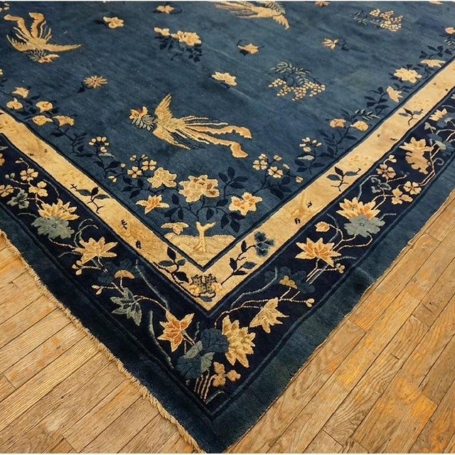 1920s Blue Floral Bird Chinese Peking Knotted Room Size Blue Wool Antique 1920s Rug For Sale - Image 5 of 9