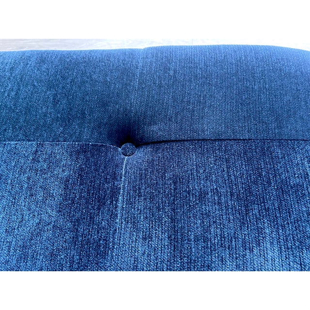 Mid-Century Modern Vintage Brass and Navy Blue Chenille Bench For Sale - Image 3 of 9