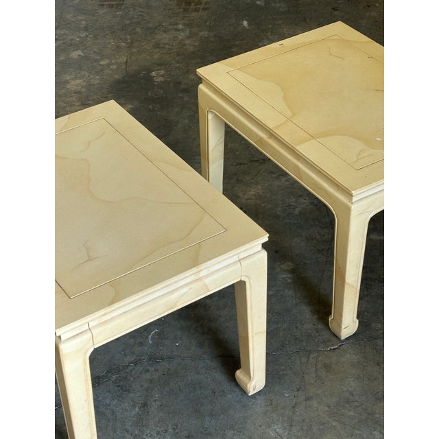 Pair of faux goatskin tables in the manner of Karl Springer. Very nice tables with good size
