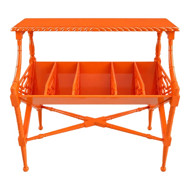 1970s High-Gloss Electric Orange Lacquered Mahogany Chinese Chippendale Magazine Stand. For Sale