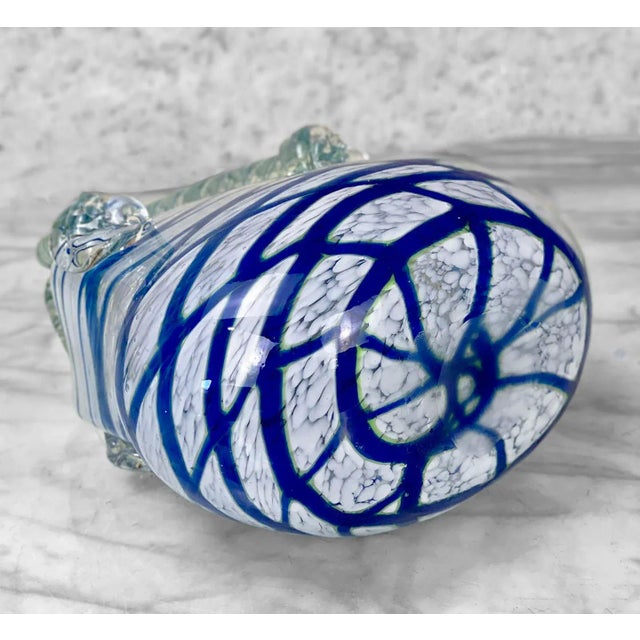 Blue Vintage Blown Art Glass Blue Stripe Handbag Purse Vase For Sale - Image 8 of 9