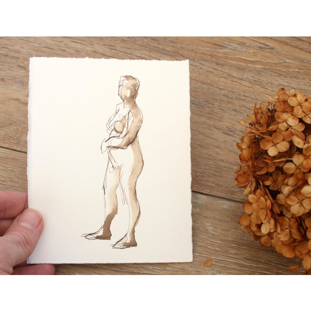 Original fine art figure drawing in pen and ink of a standing female nude. Signed by the artist, Michelle Arnold Paine,...