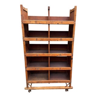 Early 20th Century Maine Shoe Factory Numbered Wood Rolling Cubbies / Industrial Shelving Cart For Sale