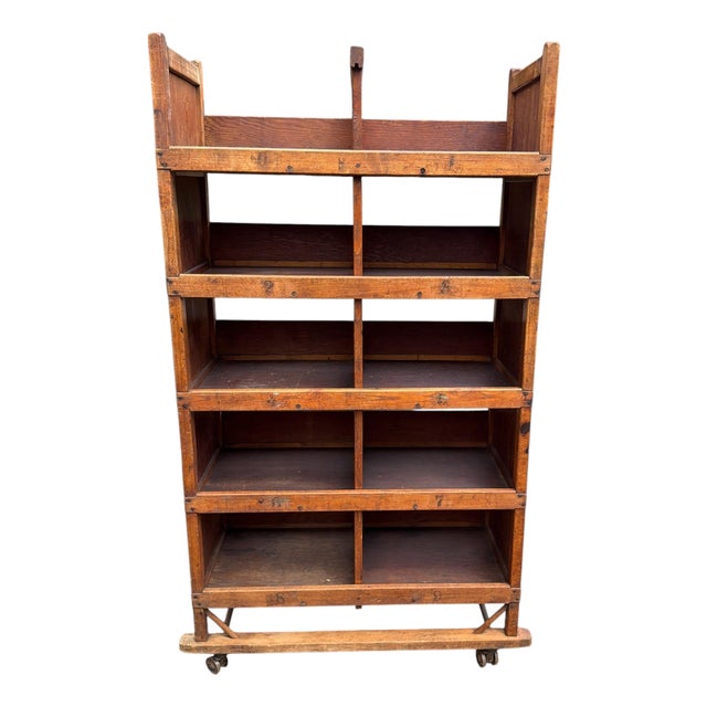 Early 20th Century Maine Shoe Factory Numbered Wood Rolling Cubbies / Industrial Shelving Cart For Sale