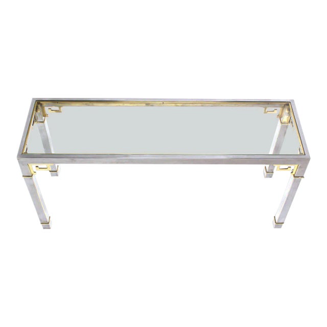 20th Century Hollywood Regency Mastercraft Chrome Brass and Glass Greek Key Console Table For Sale