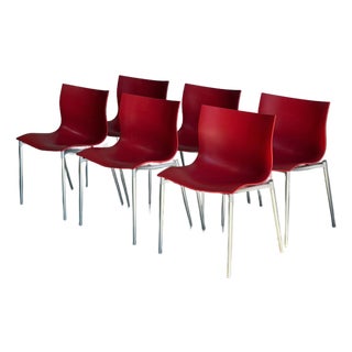 Philippe Starck Red Stacking Chairs Set of 6 Molded Plastic and Aluminum 1990s For Sale