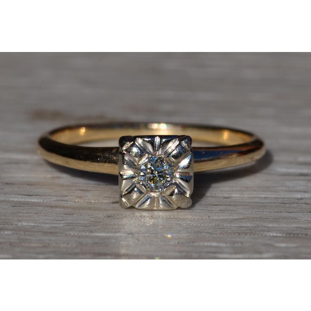 Contemporary Antique Retro Era Two Tone Engagement or Promise Ring with Transitional Cut Diamond For Sale - Image 3 of 10