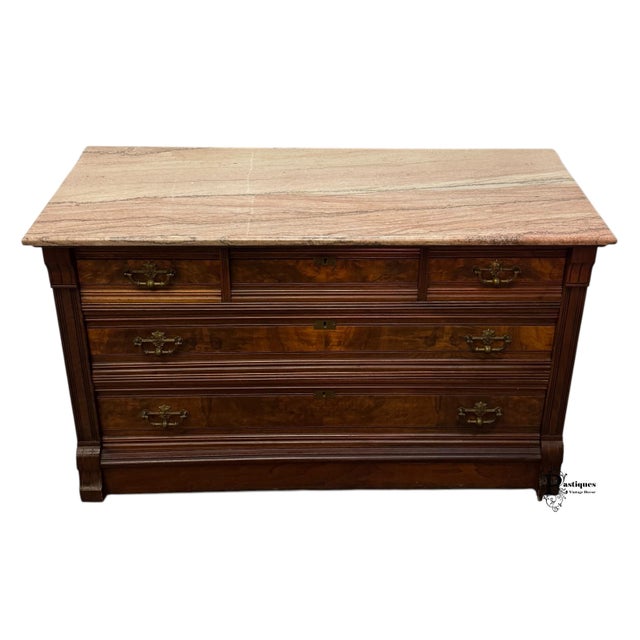 Early 20th Century Antique Eastlake Style Walnut & Burl Wood Travertine Marble Top Chest of Drawers For Sale - Image 5 of 12