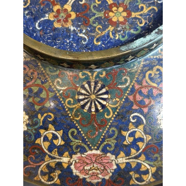 Paint Large Meiji Japanese Cloisonne Enamel Charger Cranes Peonies Butterfly Floral For Sale - Image 7 of 12