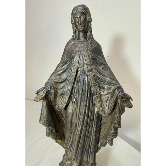 Religious Tall Antique Silver Plate Metal Religious Saint Virgin Mary Statue Sculpture For Sale - Image 3 of 13