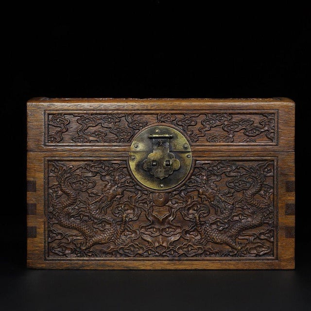 Chinese Rosewood Carved Dragon Treasure Box With Brass Hardware For Sale - Image 4 of 10