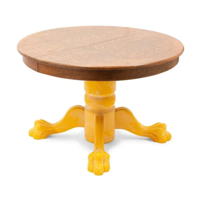Brown Antique Stickley Style Yellow Painted Quarter-Sawn Oak Round Dining Table With Claw Feet For Sale - Image 8 of 8