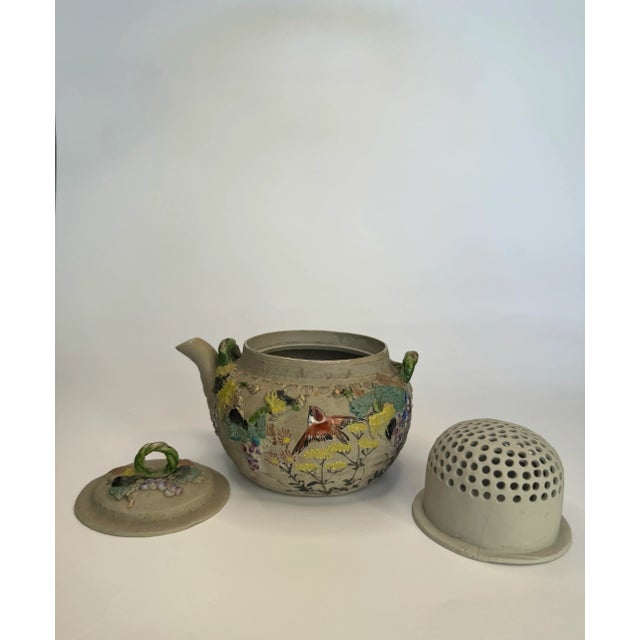 Ceramic Vintage Japanese Bisque and Enamel Flora & Fauna Small Teapot by Banko, Multi Color For Sale - Image 7 of 12