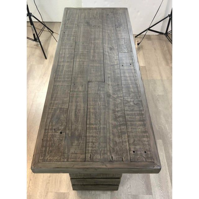 Stylish Organic Modern Rustic Gray Reclaimed Wood Shiplap Console Table, showroom floor sample