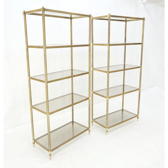 Metal Pair Decorative Brass Smoked Glass 4 Tier Shelves Vitrines Etageres Displays For Sale - Image 7 of 14