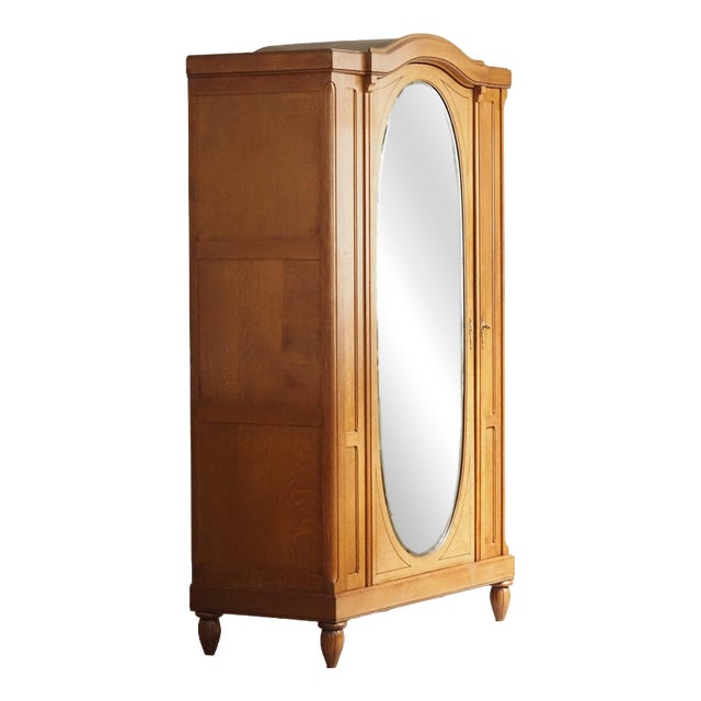 Art Nouveau Wardrobe in Oak with Oval Mirror For Sale