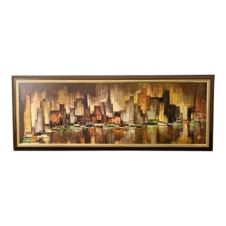 1960s Mid Century Modern Wall Art Abstract Landscape City Scape Frame Large New York For Sale