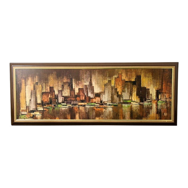 1960s Mid Century Modern Wall Art Abstract Landscape City Scape Frame Large New York For Sale