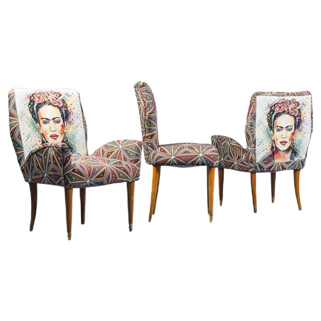 Fabric and Wood Chairs, 1950s, Set of 3 For Sale