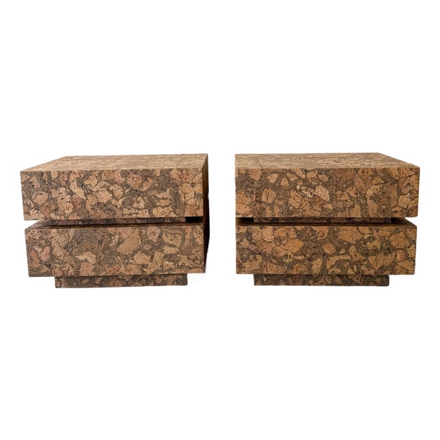 Pair of Mid Century Modern Cork Nightstands Vintage 1970s Bedside Tables For Sale