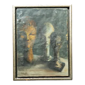 Mid-Century Modern Abstract Oil on Canvas Painting of Head Sculptures