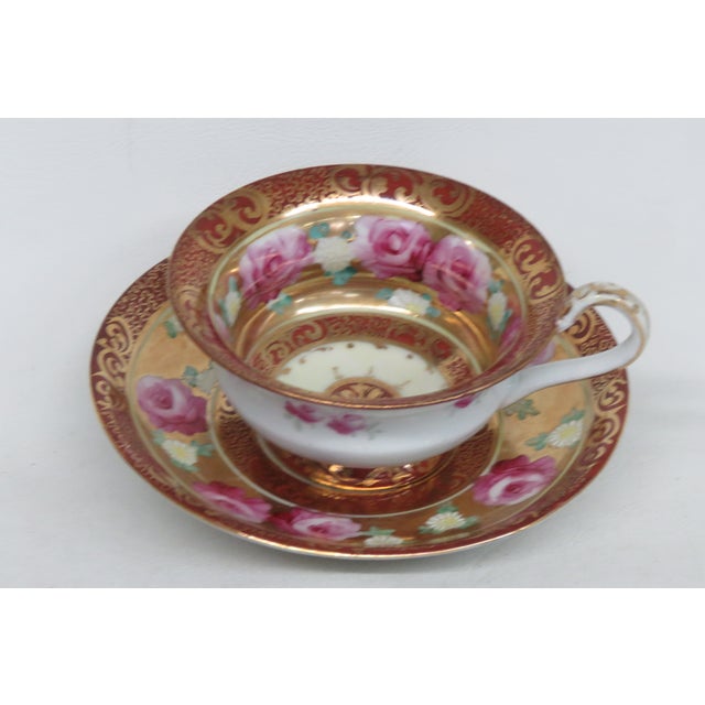 Mogi Momonoi Gold Burgundy Bone China Flower Tea Cup & Saucer Set 4653b For Sale - Image 13 of 18