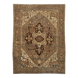 19th Century Antique Serapi Heriz Rug With Geometric Medallion in Camel For Sale